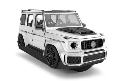 White modified Mercedes-Benz G-Class with black hood scoop, widebody kit, and black wheels.