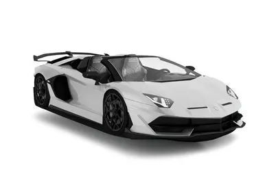 White Lamborghini Aventador SVJ Roadster convertible with black wheels and an aerodynamic rear wing.