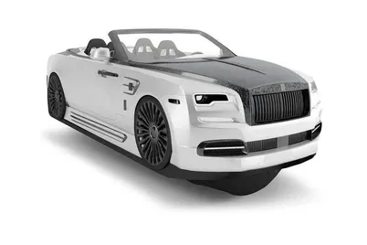 White luxury convertible car with black hood and black wheels isolated on white background.